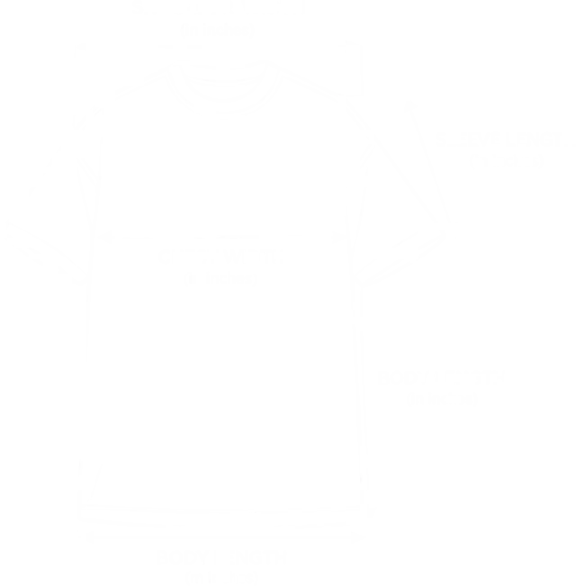 T-shirt diagram showing shoulder width, sleeve length, chest width, and body length in inches