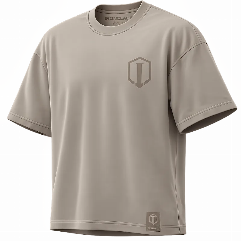 Ironclade oversized tee — fabric, fit, and branding details